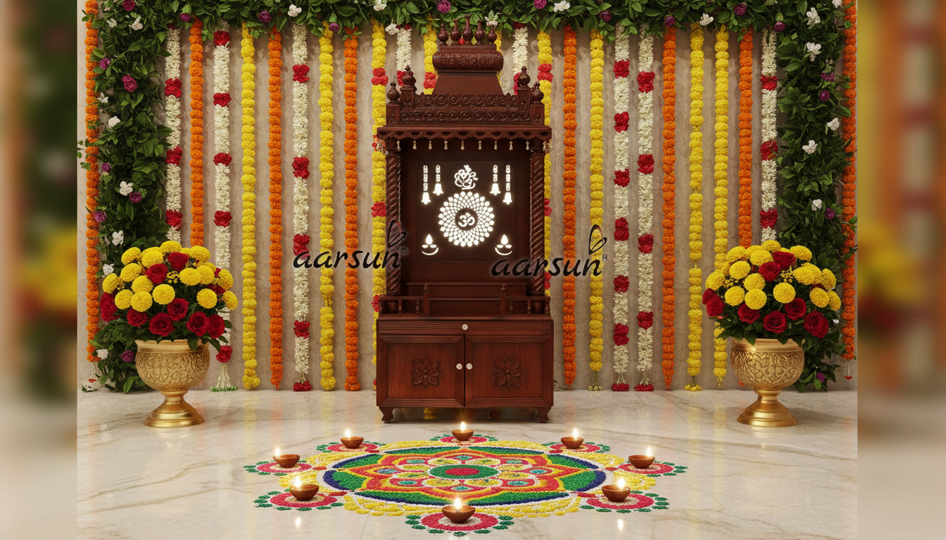 Luxury Wooden Mandir with Premium LED Lighting Setup